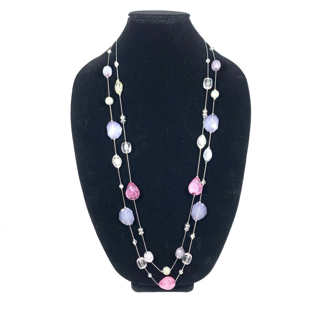 NY Beaded Double Strand Opera Length Station Necklace Purple Pink Silver